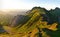 Breathtaking sunset in the mountains. View of the Bockmattli Innerthal and Lake Zurich. Hiking in Switzerland. Glarus