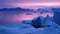 A breathtaking sunset over a glacier with cool blues and purples