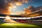 A breathtaking sunset over a soccer stadium with the goalposts in focus.--ar 32 --v 5 upbeta - Upscaling by @Muqeet khan 2