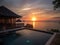 A breathtaking sunset viewed from a cozy beachfront villa created with Generative AI