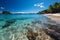 Breathtaking tropical panorama, golden sand, palm trees, azure sea, white clouds