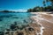 Breathtaking tropical panorama, golden sand, palm trees, azure sea, white clouds