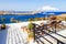 Breathtaking view on bay with beach and ships from balcony in Lindos, Rhodes, Greece.