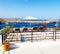 Breathtaking view on bay with beach and ships from balcony in Lindos, Rhodes, Greece.