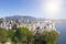 Breathtaking view of the coastline in Benidorm with high buildings, mountains and sea