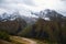 Breathtaking view on Dombay mountains valley and rocky peaks of the glaciers, Russia, Caucasus autumn landscape