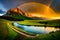 A breathtaking view of a double rainbow arching over a lush, green valley after a refreshing rain