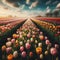 A breathtaking view of endless rows of vibrant, colorful tulips under. Ai-Generated Images