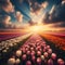 A breathtaking view of endless rows of vibrant, colorful tulips under a dramatic sky with fluffy clouds. Ai-Generated Images