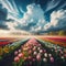 A breathtaking view of endless rows of vibrant, colorful tulips under a dramatic sky with fluffy clouds. Ai-Generated Images