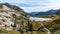 Breathtaking view of the extraordinary stone formations and a lake in the Dolomites