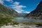 Breathtaking view over a clear blue lake Nigardsbrevatnet from the Nigardsbreen glacier in Jostedalsbreen National Park