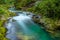 Breathtaking view over colorful Radovna river in Vintgar Gorge, Slovenia. Long exposure.