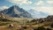 A breathtaking view of a peaceful mountain range, with lush grass and rugged rocks in the foreground, A rugged mountain range