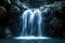 A breathtaking view of a powerful waterfall with two individuals enjoying its cascading beauty, A gentle waterfall forming a heart