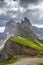 Breathtaking view of Seceda 2,500m Mount Peak with Puez Odle massif in Dolomites