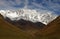 Breathtaking view of snowy mountain peaks around Ushguli village and brown valley at autumn time. Svaneti, Georgia