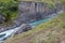 Breathtaking view of Studlagil canyon in Jokuldalur Valley in Iceland. Basalt columns and turquoise glacier river