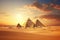 A breathtaking view of three pyramids silhouetted against the vibrant hues of a desert sunset, Ancient pyramids of Giza with a