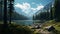 Breathtaking Vray Tracing Landscape: Majestic Mountains, Tranquil Lake, And Lush Trees