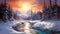 Breathtaking Winter Landscape: Sunlit Mountains And Flowing River