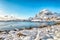 Breathtaking winter scenery of A village. Norwegian fishing village, with the typical rorbu houses