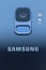 Brecht/Belgium - April 1 2020: A closeup portrait of the samsung company brandname on the back of a smartphone below the camera,