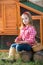 Breeder hens kid girl rancher farmer with chicks in chicken coop