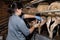 Breeder prepares sheep for milking