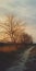 Breezy Scenery: A Photorealistic Sunset With A Bald Tree On A Dirt Path