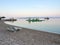 Brela, Croatia - July 24, 2021: Loznica beach with beach chairs in a seaside resort. A quiet morning on the Adriatic.