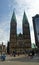 Bremen, Germany - 07/23/2015 - Facade of city cathedral in old town, towers of the historical dom church, sunny day