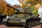 BREST, BELARUS - OCTOBER 18, 2019: Historical soviet tank on caterpillar from the World War II age.