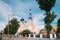Brest, Belarus. People Walking Near St. Nicholas Cathedral In Sunny Summer Day. Famous Landmark Church Of St. Nicholas
