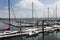 Brest, France 28 May 2018 Panoramic outdoor view of sete marina Many small boats and yachts aligned in the port. Calm water and bl