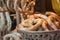 Bretzels in basket in traditional alsatian store