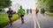BREVARD, NC-MAY 28, 2016 - Mourning mist surrounded runners in the White Squirrel Race in Brevard, NC 2016. Race is sponsored by