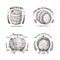 Brewery emblem. Barrel of beer and wine, whiskey and brandy sketch vector vintage labels with wooden cask and