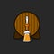 Brewery logo mockup, old wooden barrel with bronze tap and glass mug with foam of beer, front round shape keg view isolated on