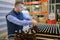 Brewery worker arranging bottles