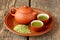 Brewing green tea powder. Tea set