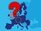 Brexit concept - UK economy after Brexit with a big red question mark - UK as a flag and EU stars on map of europe with big qustio