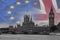 BREXIT conceptual image with flags of United Kingdom and European Union over a image of London