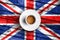 Brexit cup of coffee with european union EU flag on grunge wood great britain uk flag