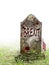Brexit dead, UK politics. Ancient gravestone in fog, with blood and bedraggled flag.