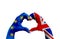 Brexit, hands of man in heart shape patterned with the flag of blue european union EU and flag of great britain uk on the white ba