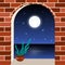 Brick arch overlooking the ocean or sea horizon with a rising moon and stars.