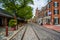 Brick buildings and cobblestone street at Head House Square, in Society Hill, Philadelphia, Pennsylvania