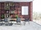 Brick dining room interior with cupboard, poster