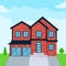 Brick house exterior flat style design vector illustration with roof, windows and shadows